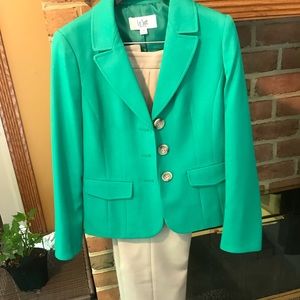 Turquoise and Tan LeSuit Jacket and Pant Set